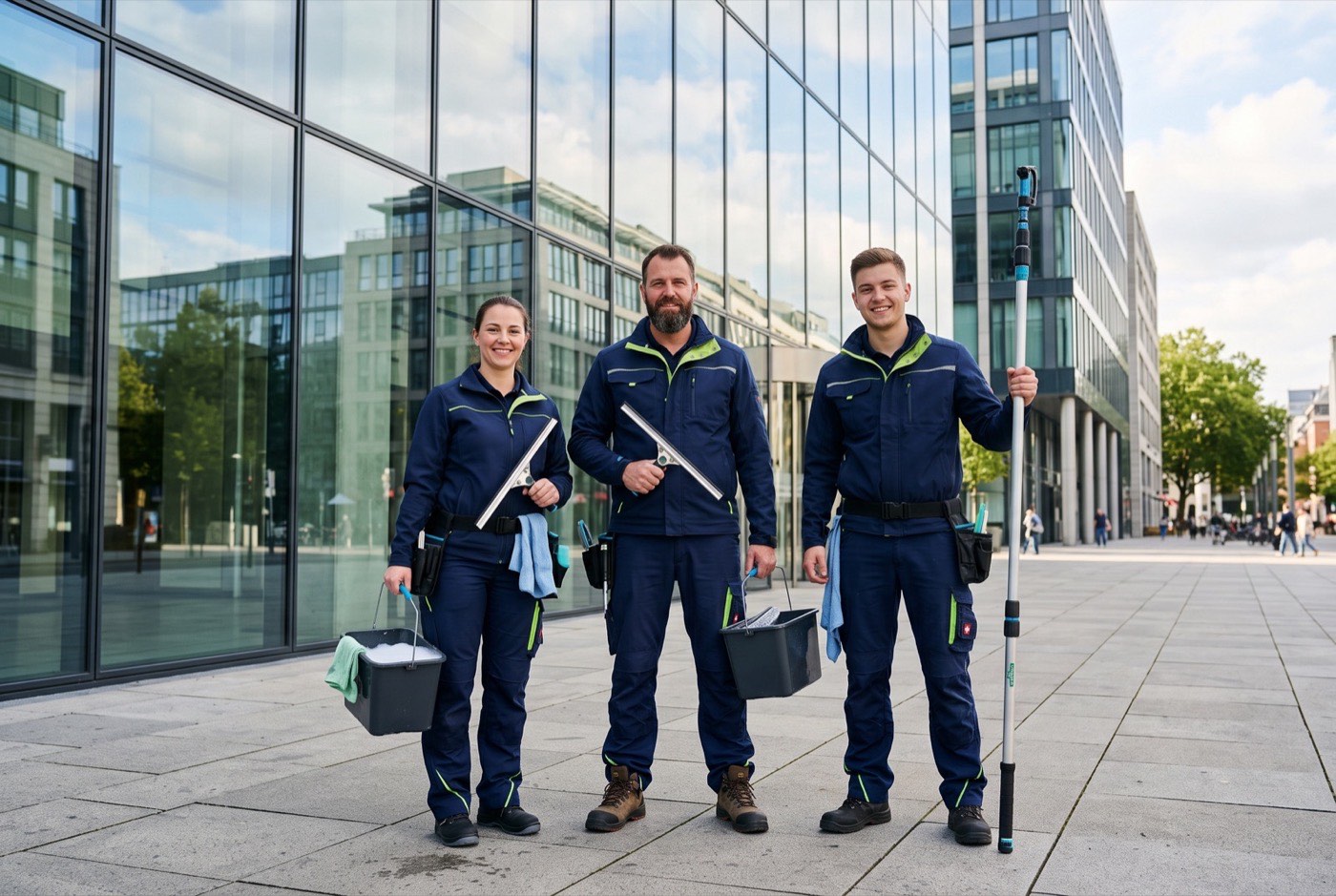 Das Team von AS Dienstleistungen vor einem Bürogebäude